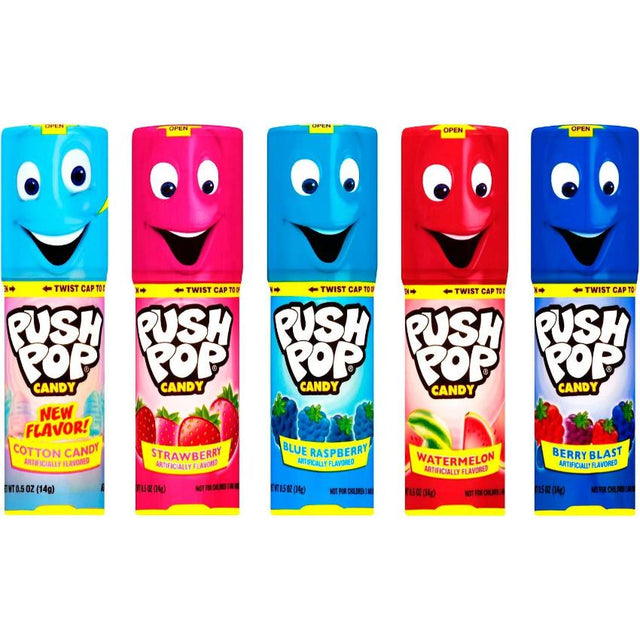 Push Pop Candy Assortment, Blue Raspberry, Watermelon, Strawberry, Cotton Candy and Mystery Flavors - 24 Pack