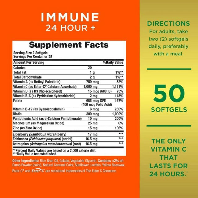 Nature's Bounty IMMUNE 24 HOUR + Immune Support 50-Softgels - 12 Pack