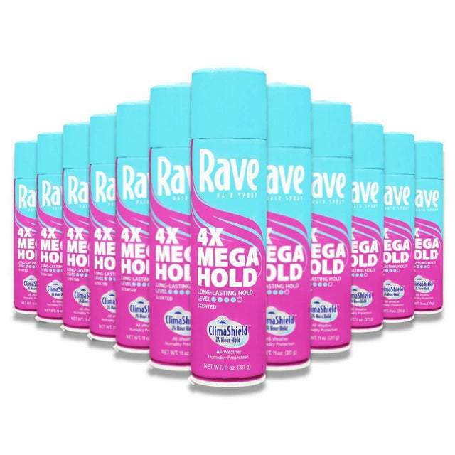 Rave - 4X Mega Humidity Resistant Aerosol Hair Spray - 11 Oz - 12 Pack